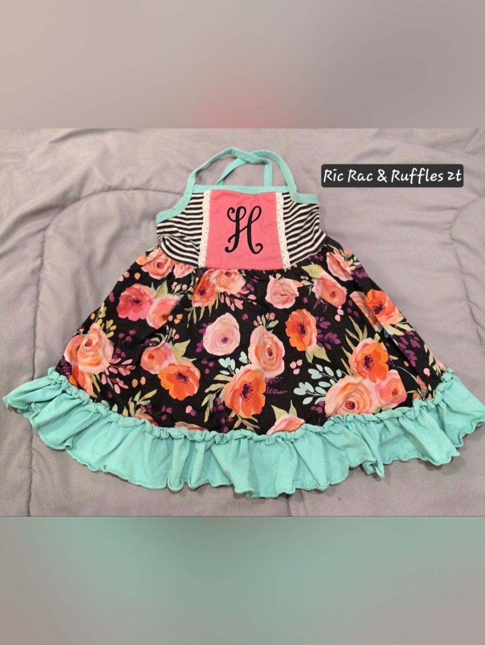 Floral Ruffle Halter Dress with Mint Trim
